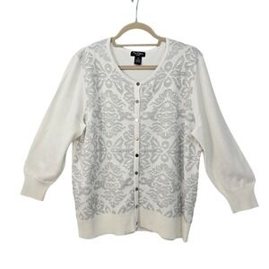 Nue Options Cardigan Sweater‎ Woman 1X White Silver Metallic Detail Button Front